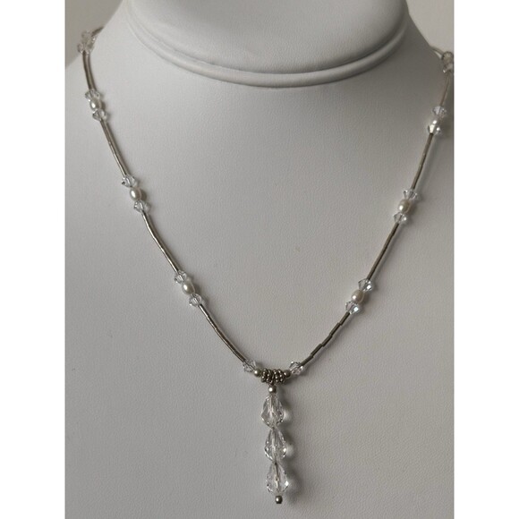Vge Art Deco Sterling Silver Tubular Links Necklace Crystal Drop Pearl Tested - Picture 9 of 11